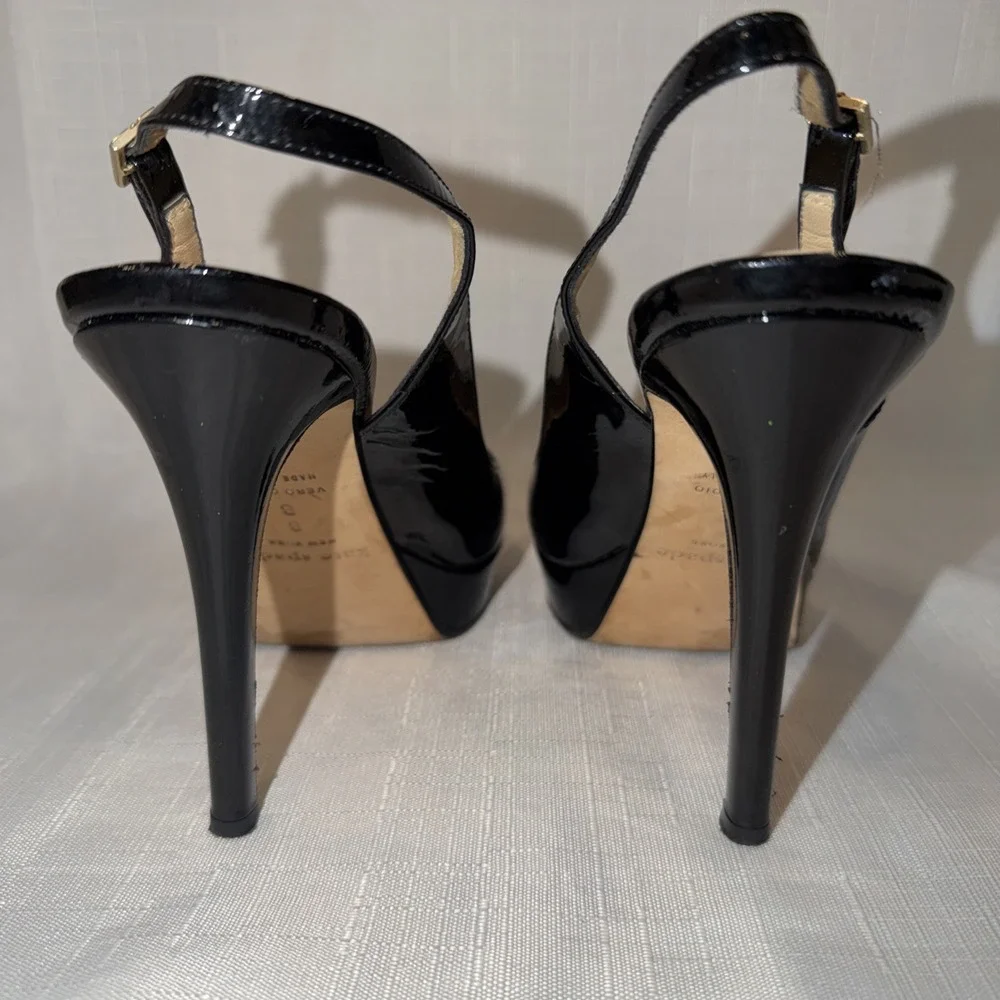 KATE SPADE Black Patent Leather Slingback Heel Platform Stiletto Italy Size 8 B